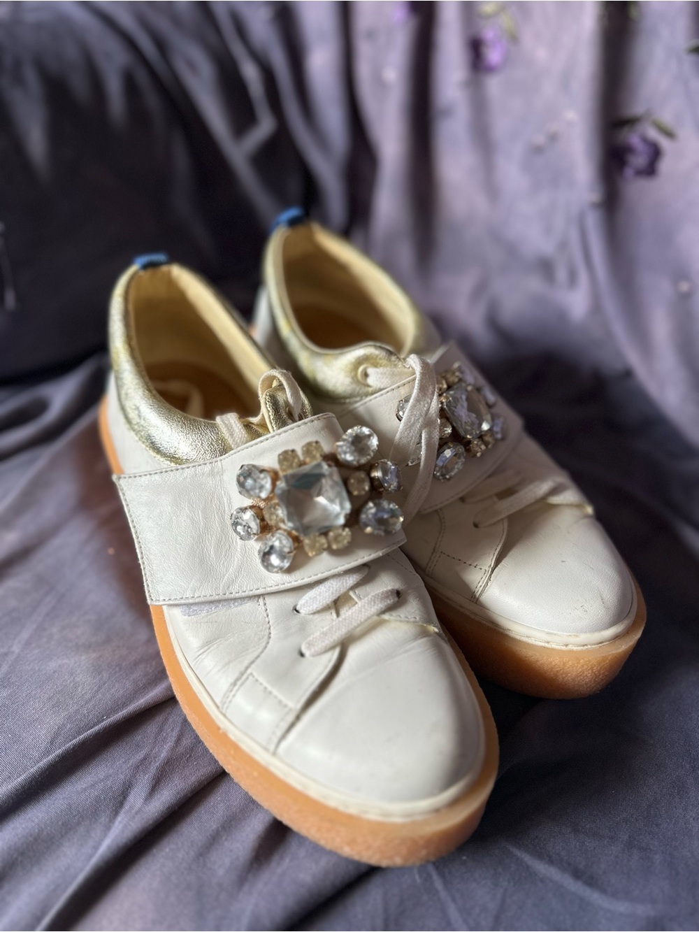 White Leather Women’s Platform Sneakers with Crystal Strap Detail